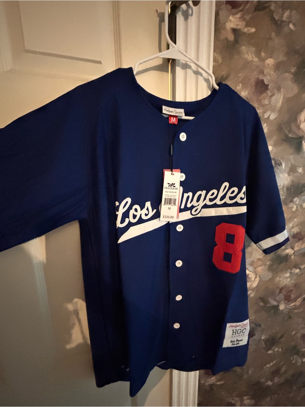 Los Angeles Mens Baseball Jersey in Navy with Red Number